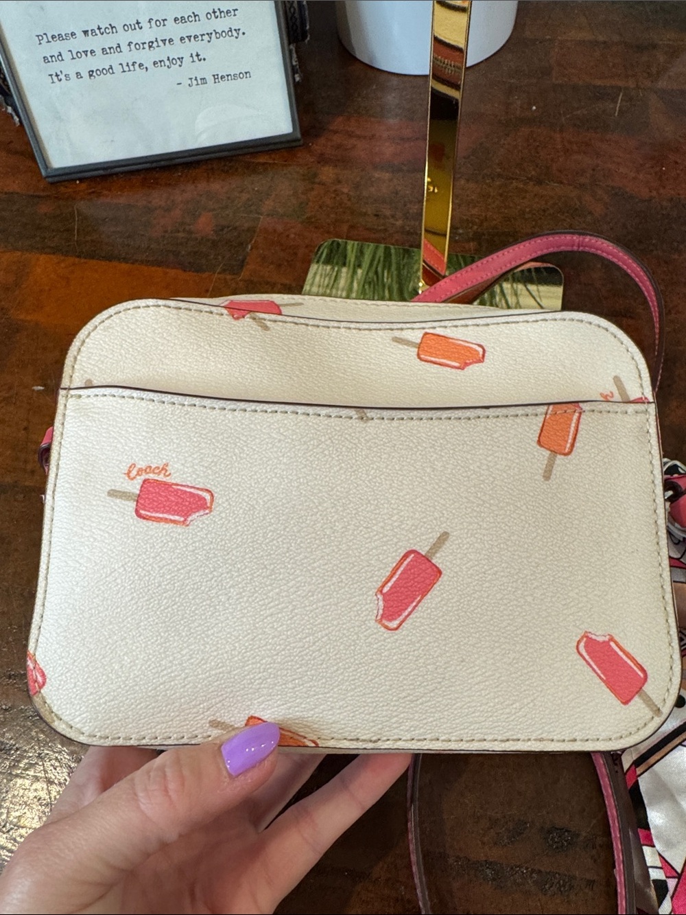 Coach White Leather Crossbody with Pink and Orange Popsicle Print - Picture 7 of 10